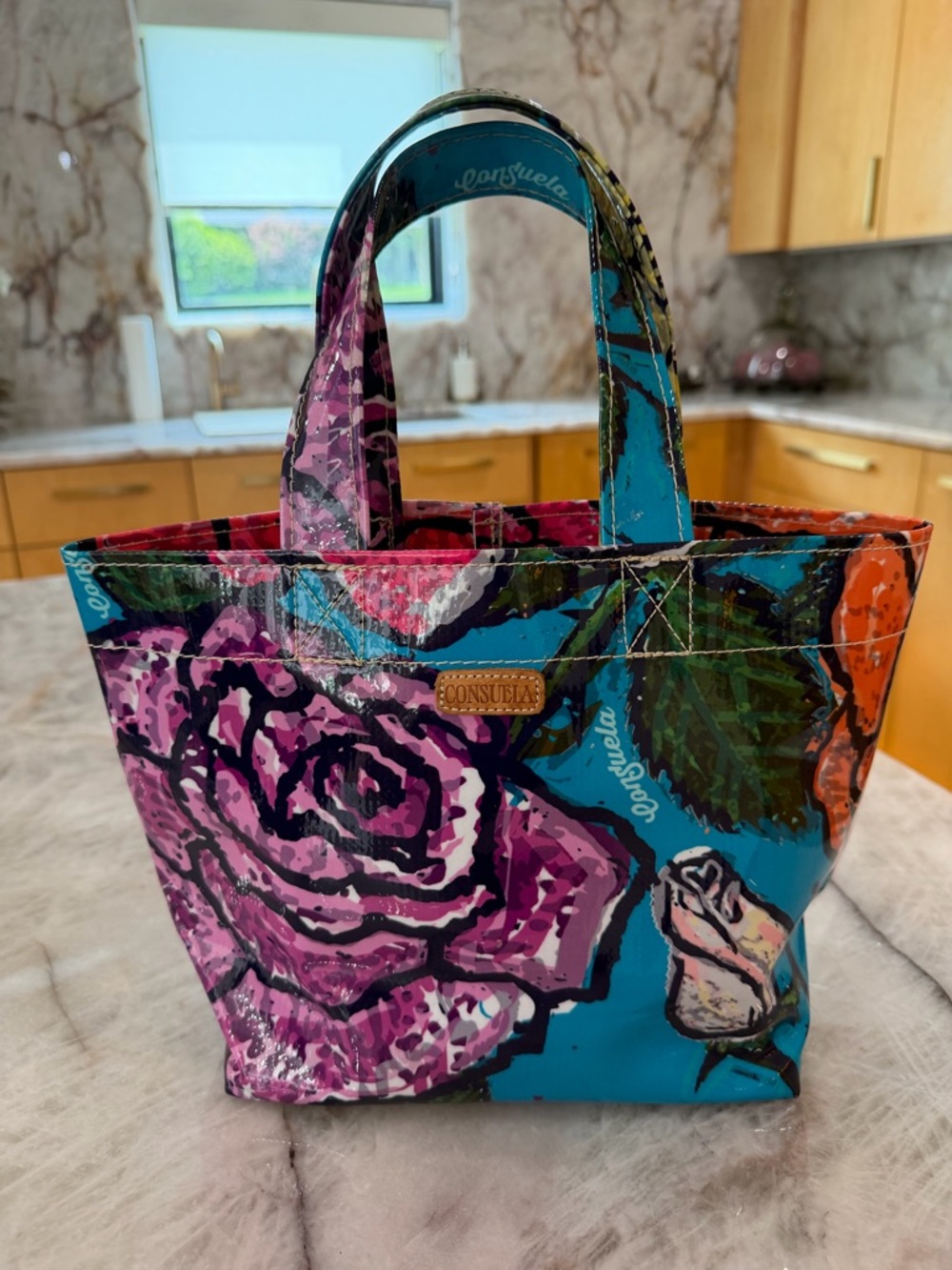 Consuela Floral Mini Tote Bag Bright Rose Print Oilcloth Coated Canvas - Picture 10 of 10
